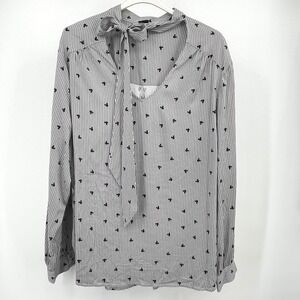 Disney Mickey Mouse Striped Tie‎ Neck Blouse Grey White Long Sleeve Plus Size 5